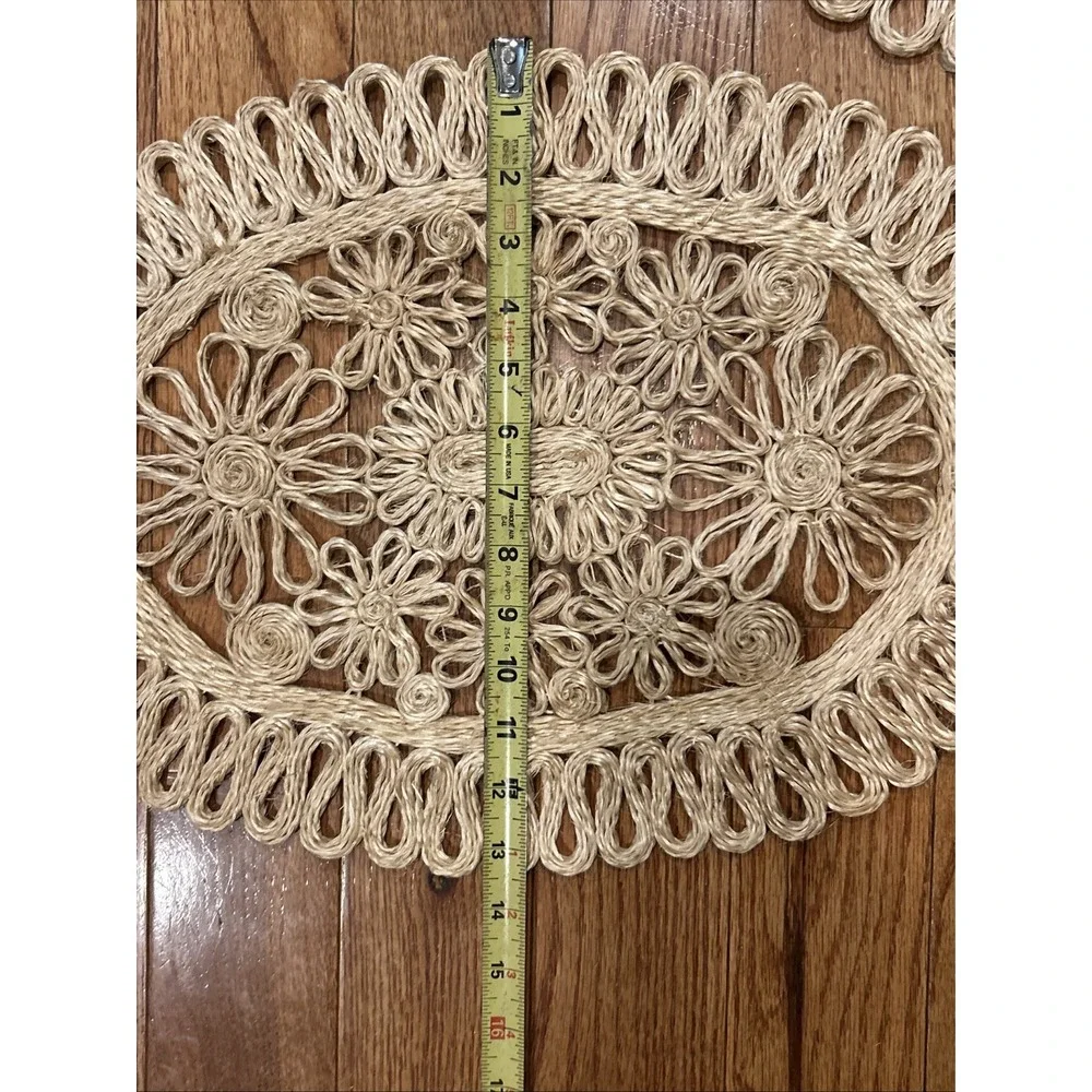 Set Of 7 Vintage Abaca Hemp Centerpiece Placemats Woven Floral Scrolled MCM Boho